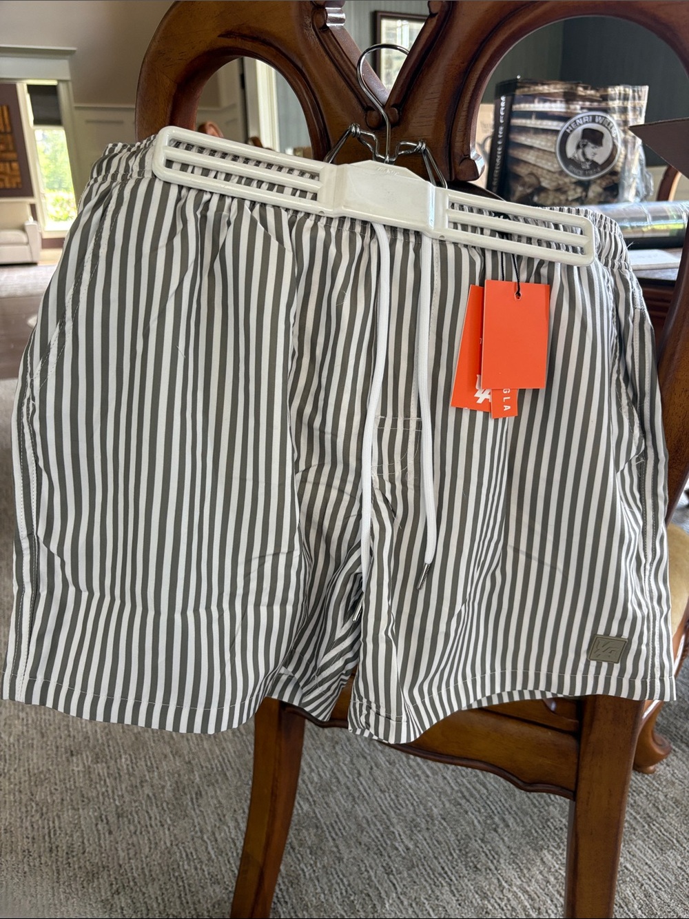 YoungLA men’s green striped swim trunks, size L.